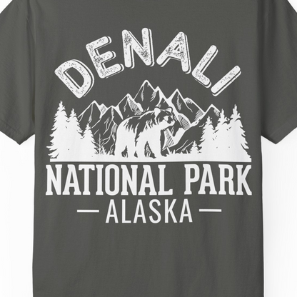 Denali National Park Bear Mountains Vintage Alaska Nature Shirt — Comfort T-Shirt – Pepper – Alaska Cruise Shirts Close Up