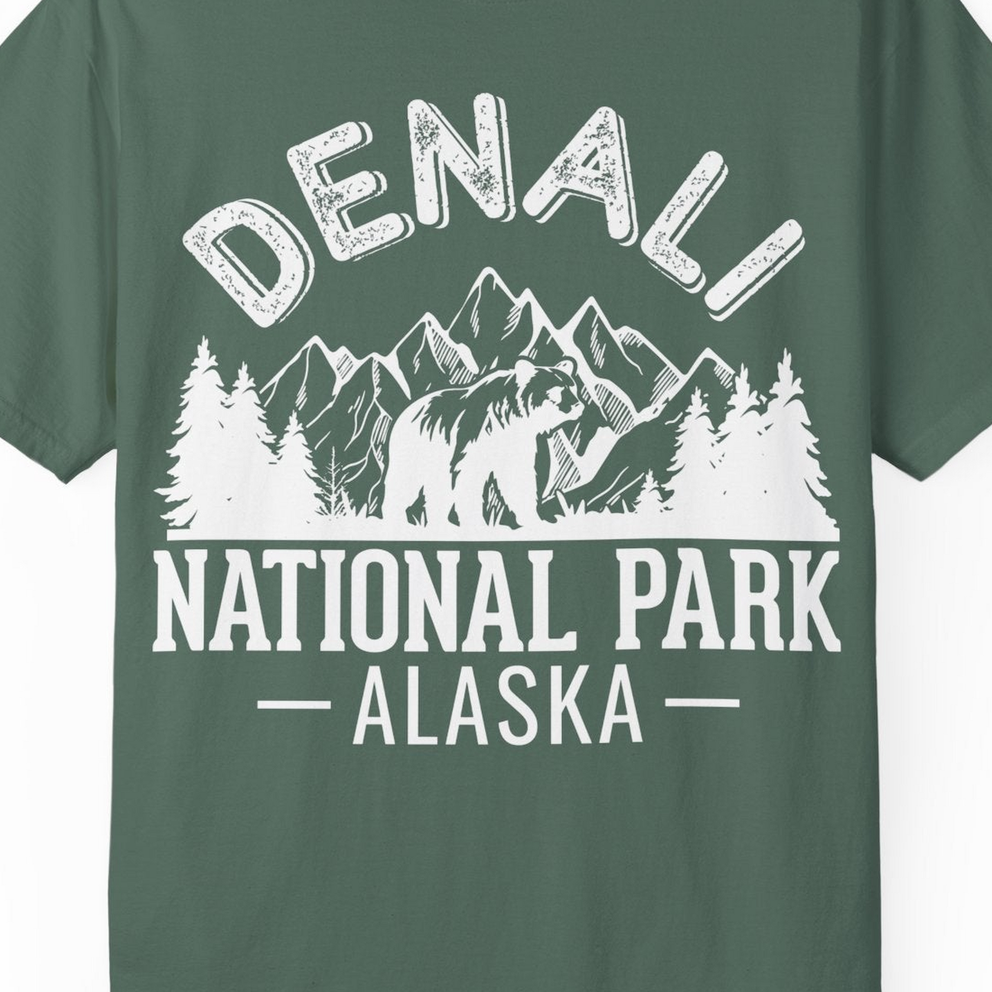 Denali National Park Bear Mountains Vintage Alaska Nature Shirt — Comfort T-Shirt – Blue Spruce – Alaska Cruise Shirts Close Up