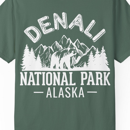 Denali National Park Bear Mountains Vintage Alaska Nature Shirt — Comfort T-Shirt – Blue Spruce – Alaska Cruise Shirts Close Up