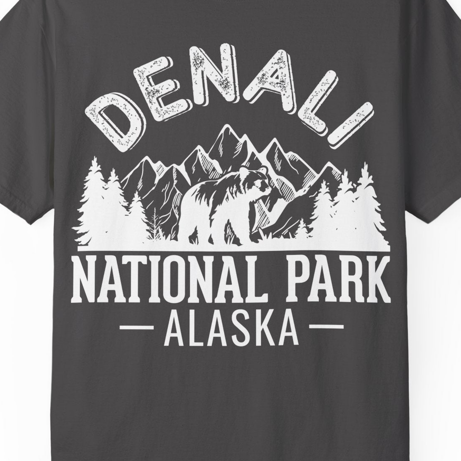 Denali National Park Bear Mountains Vintage Alaska Nature Shirt — Comfort T-Shirt – Graphite – Alaska Cruise Shirts Close Up