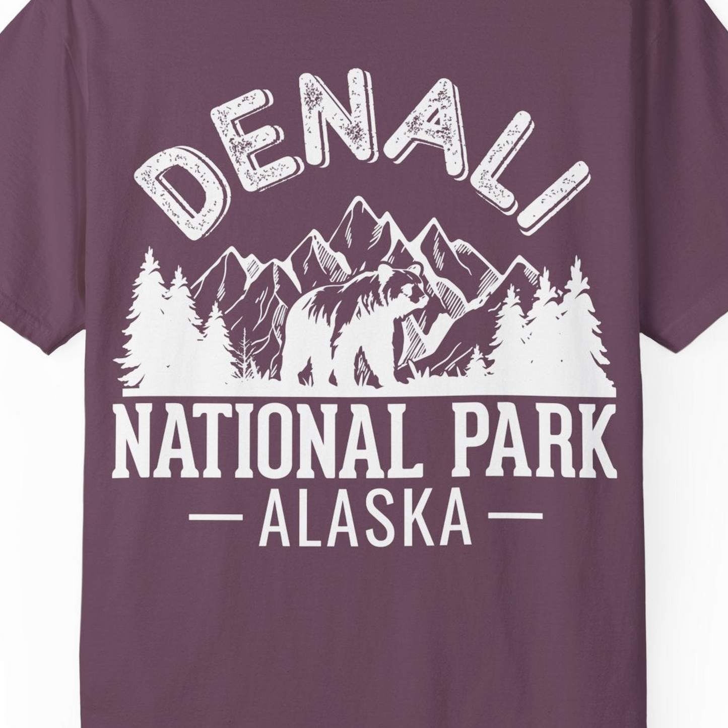 Denali National Park Bear Mountains Vintage Alaska Nature Shirt — Comfort T-Shirt – Berry – Alaska Cruise Shirts Close Up