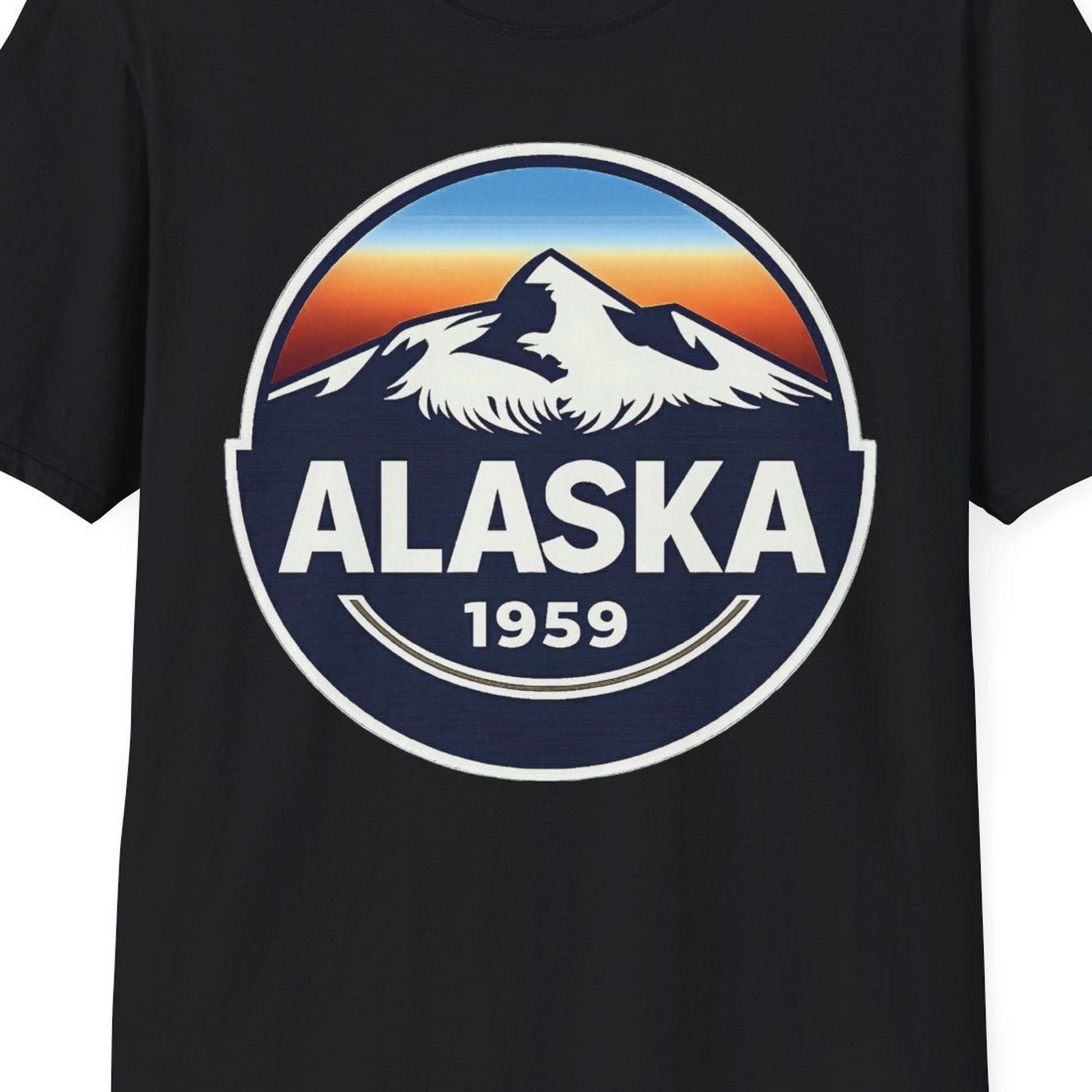 Alaska 1959 Retro Mountain Sunset Badge Shirt Vintage Statehood Tee — T-Shirt T-Shirt – Black – Alaska Cruise Shirts Close Up