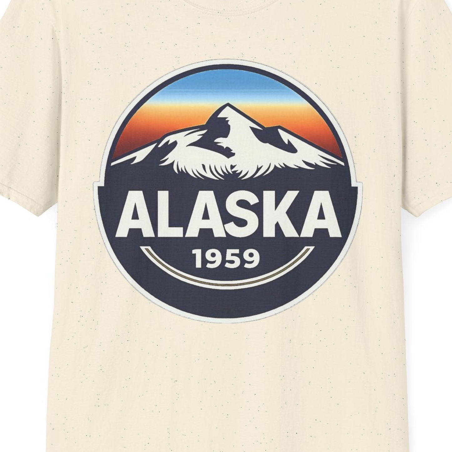 Alaska 1959 Retro Mountain Sunset Badge Shirt Vintage Statehood Tee — T-Shirt T-Shirt – Natural – Alaska Cruise Shirts Close Up