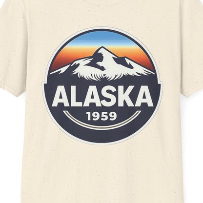 Alaska 1959 Retro Mountain Sunset Badge Shirt Vintage Statehood Tee — T-Shirt T-Shirt – Natural – Alaska Cruise Shirts Close Up