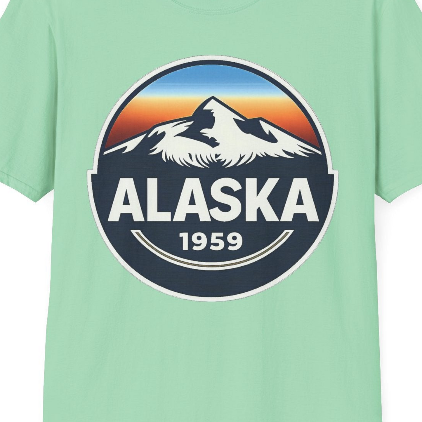 Alaska 1959 Retro Mountain Sunset Badge Shirt Vintage Statehood Tee — T-Shirt T-Shirt – Mint Green – Alaska Cruise Shirts Close Up