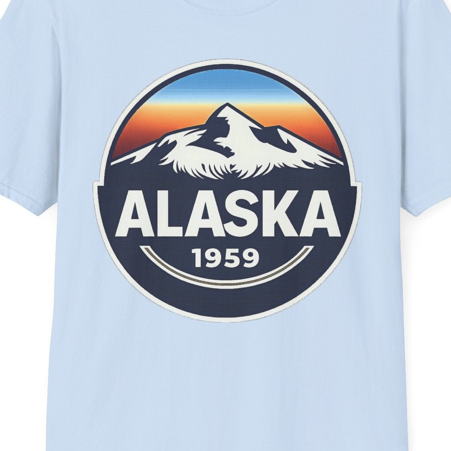 Alaska 1959 Retro Mountain Sunset Badge Shirt Vintage Statehood Tee — T-Shirt T-Shirt – Light Blue – Alaska Cruise Shirts Close Up
