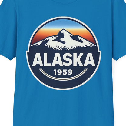 Alaska 1959 Retro Mountain Sunset Badge Shirt Vintage Statehood Tee — T-Shirt T-Shirt – Sapphire – Alaska Cruise Shirts Close Up