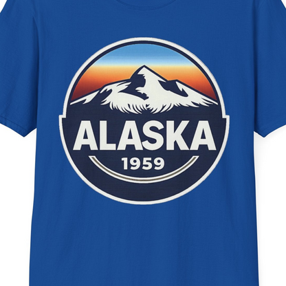 Alaska 1959 Retro Mountain Sunset Badge Shirt Vintage Statehood Tee — T-Shirt T-Shirt – Royal – Alaska Cruise Shirts Close Up