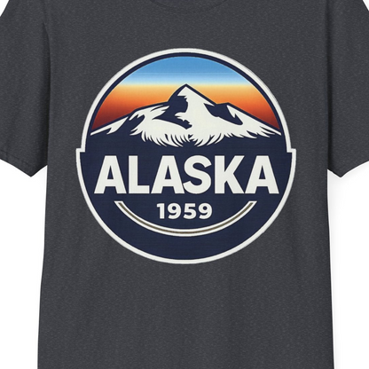 Alaska 1959 Retro Mountain Sunset Badge Shirt Vintage Statehood Tee — T-Shirt T-Shirt – Dark Heather Grey – Alaska Cruise Shirts Close Up