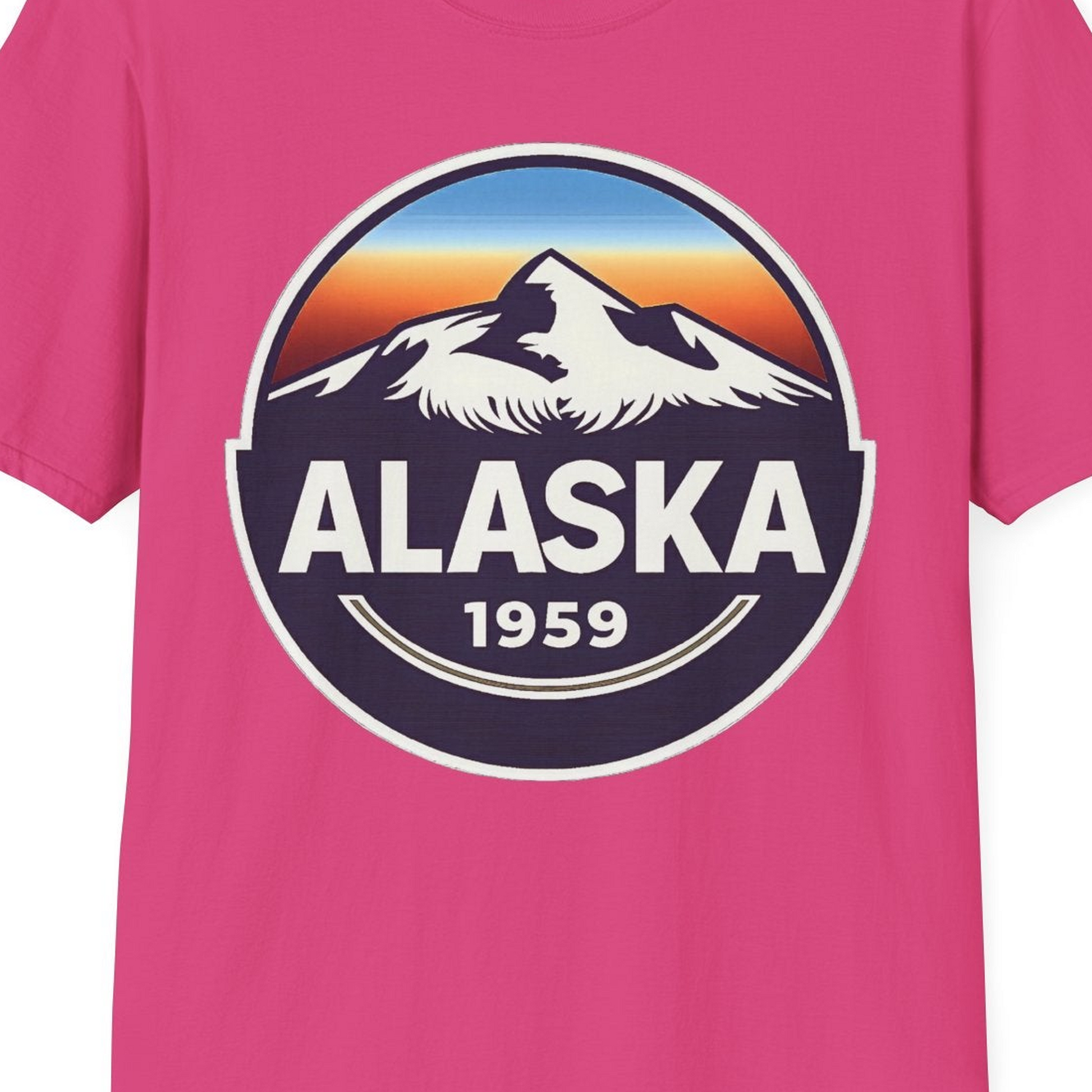 Alaska 1959 Retro Mountain Sunset Badge Shirt Vintage Statehood Tee — T-Shirt T-Shirt – Heliconia – Alaska Cruise Shirts Close Up