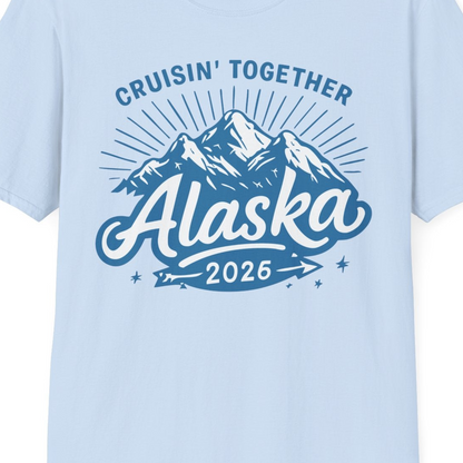 Alaska Cruise Mountains Adventure Shirt T-Shirt – Light Blue – Alaska Cruise Shirts Close Up