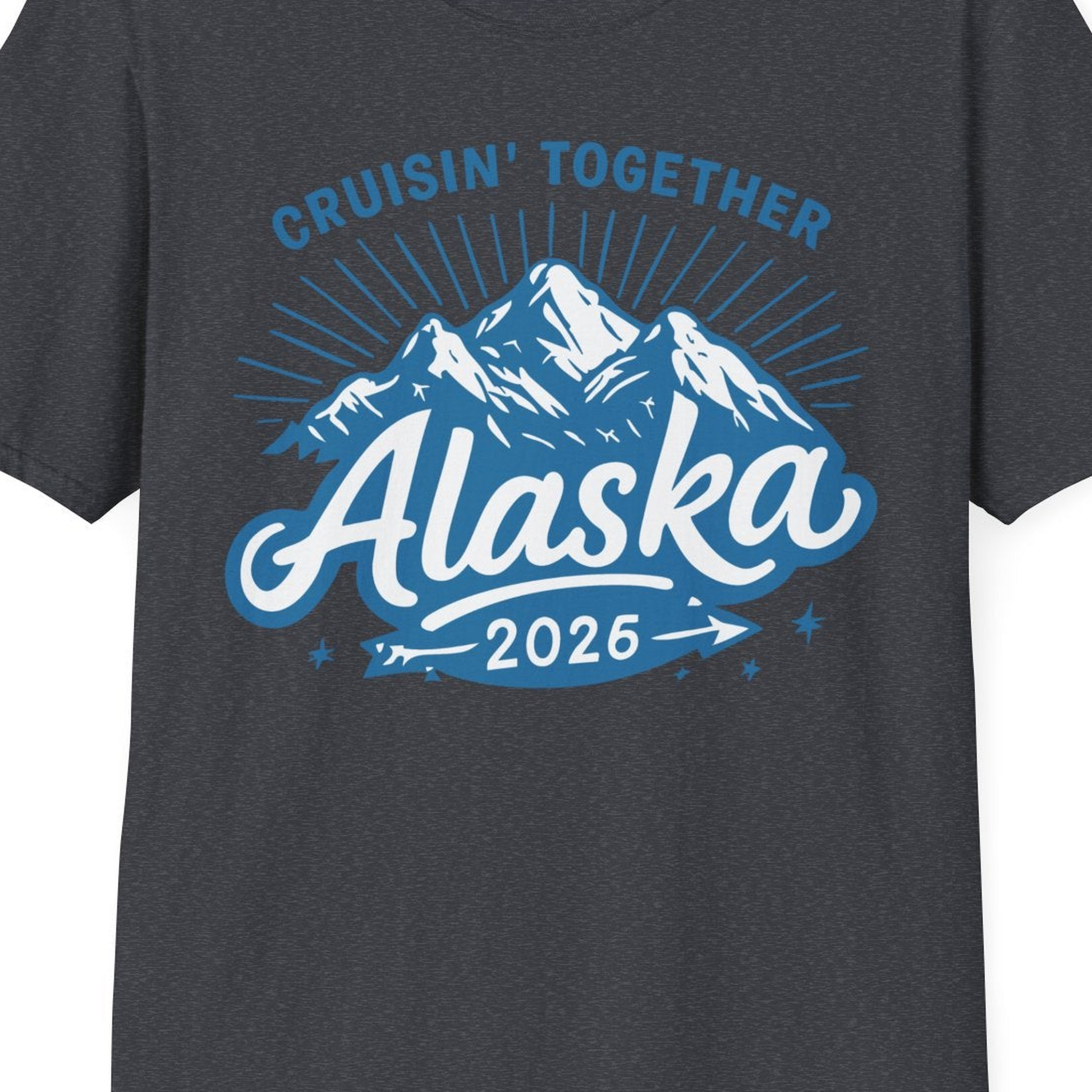 Alaska Cruise Mountains Adventure Shirt T-Shirt – Dark Heather Grey – Alaska Cruise Shirts Close Up