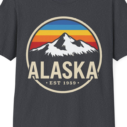Alaska Vintage Mountain Sunset Shirt T-Shirt – Dark Heather Grey – Alaska Cruise Shirts Close Up