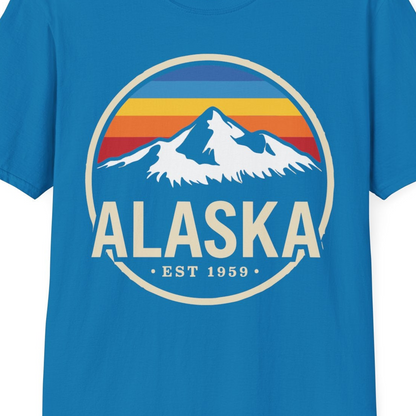 Alaska Vintage Mountain Sunset Shirt T-Shirt – Sapphire – Alaska Cruise Shirts Close Up