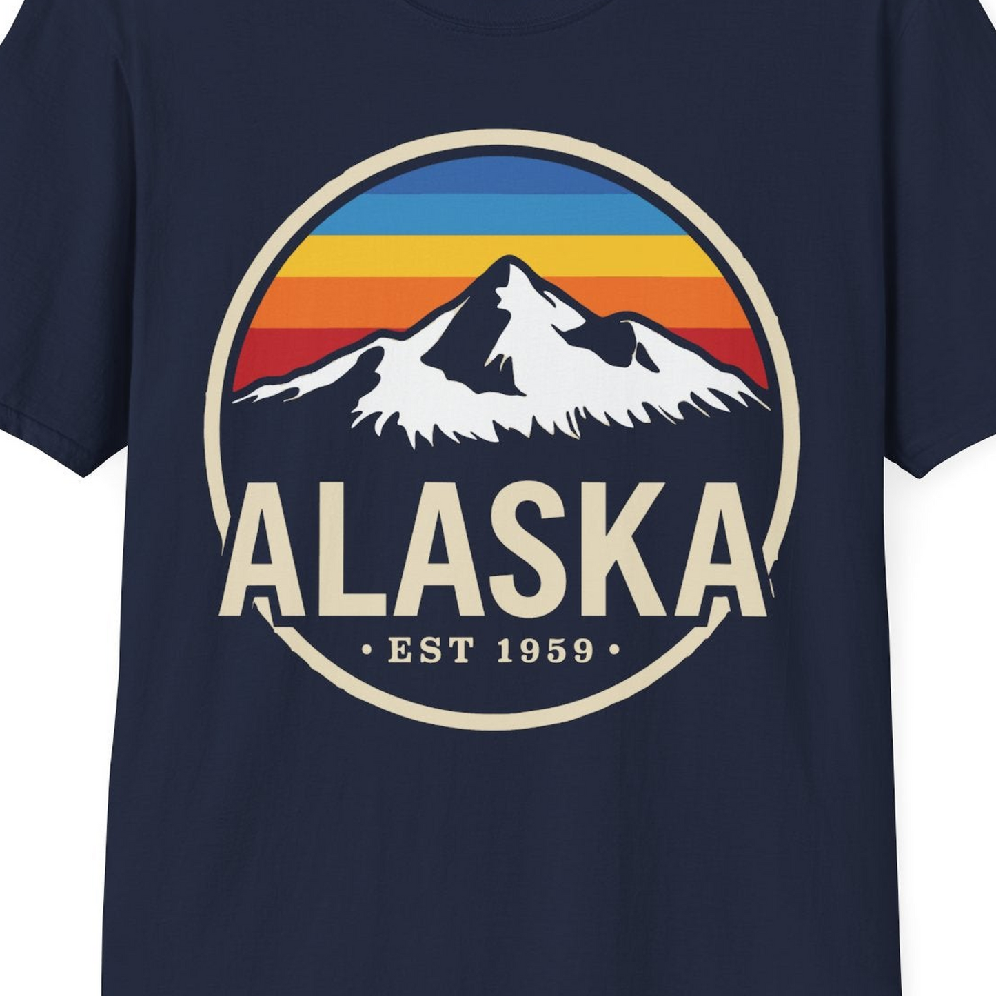 Alaska Vintage Mountain Sunset Shirt T-Shirt – Navy – Alaska Cruise Shirts Close Up