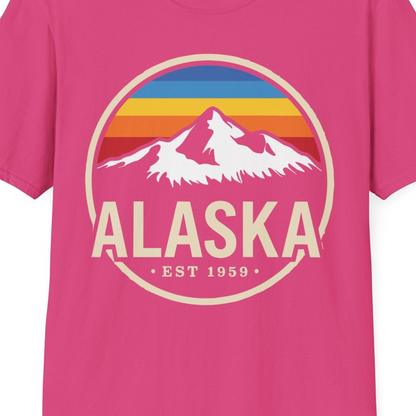 Alaska Vintage Mountain Sunset Shirt T-Shirt – Heliconia – Alaska Cruise Shirts Close Up