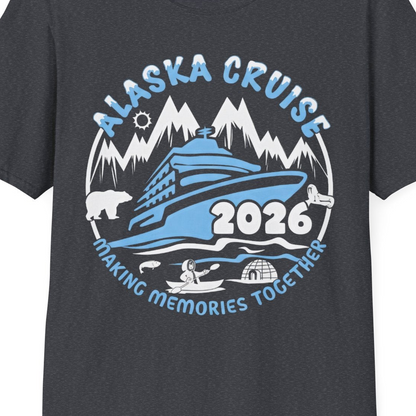 Alaska Cruise 2026 Family Adventure Shirt with Wildlife and Nature — T-Shirt T-Shirt – Dark Heather Grey – Alaska Cruise Shirts Close Up