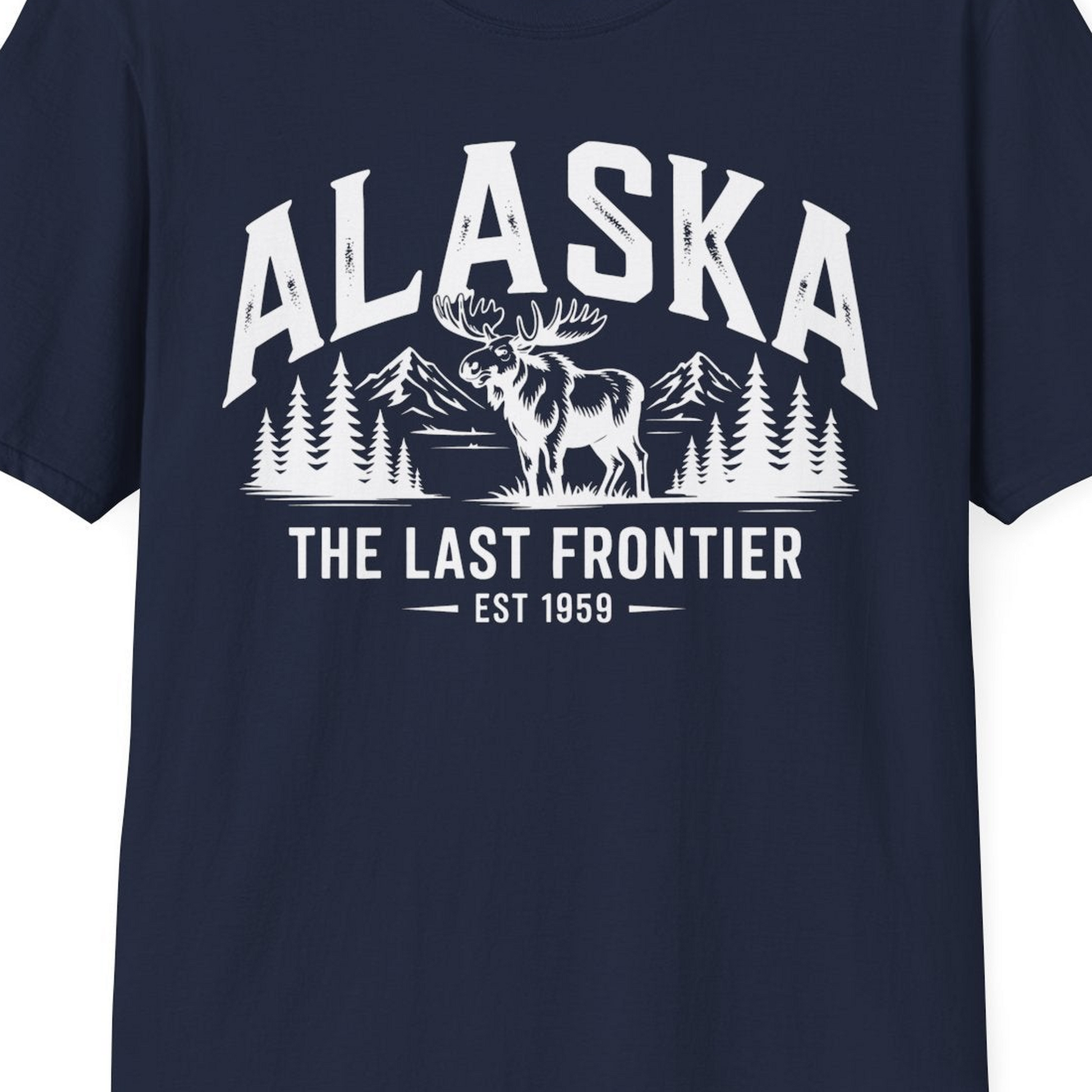 Alaska The Last Frontier Moose Mountain Wilderness Graphic Shirt — T-Shirt T-Shirt – Navy – Alaska Cruise Shirts Close Up