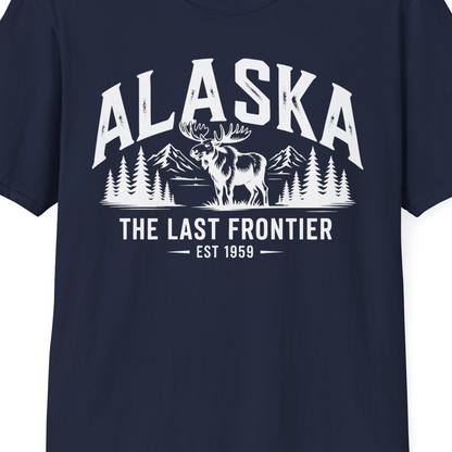 Alaska The Last Frontier Moose Mountain Wilderness Graphic Shirt — T-Shirt T-Shirt – Navy – Alaska Cruise Shirts Close Up