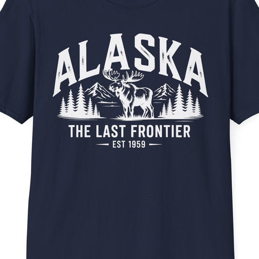 Alaska The Last Frontier Moose Mountain Wilderness Graphic Shirt — T-Shirt T-Shirt – Navy – Alaska Cruise Shirts Close Up