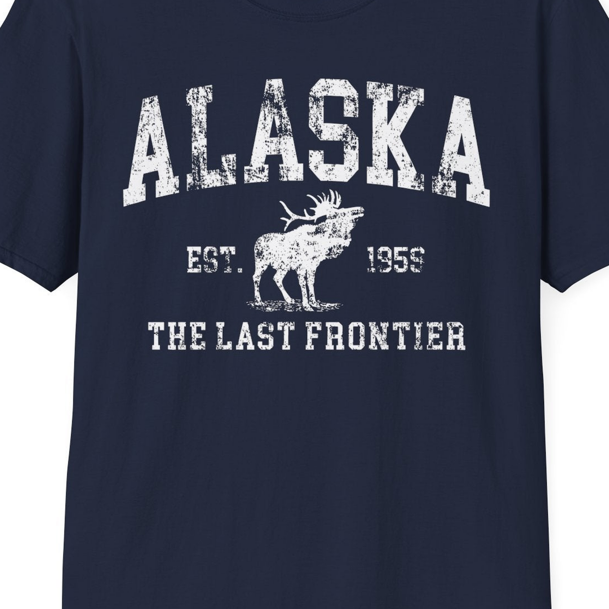 Vintage Alaska Moose Shirt T-Shirt – Navy – Alaska Cruise Shirts Close Up