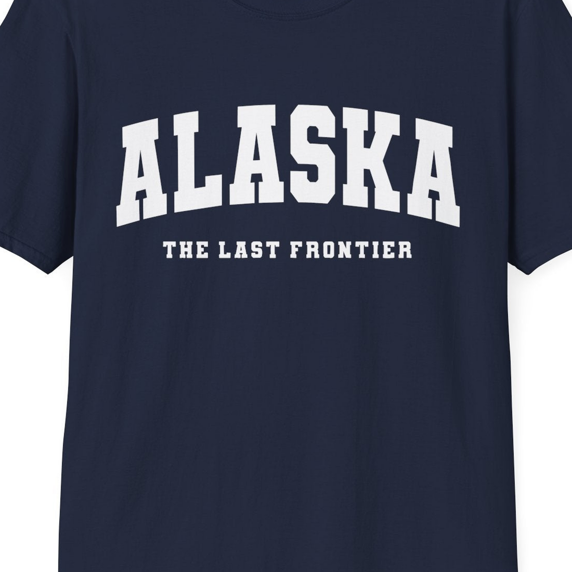 Alaska The Last Frontier Bold Collegiate Vintage State Pride Shirt — T-Shirt T-Shirt – Navy – Alaska Cruise Shirts Close Up