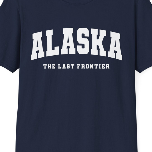 Alaska The Last Frontier Bold Collegiate Vintage State Pride Shirt — T-Shirt T-Shirt – Navy – Alaska Cruise Shirts Close Up
