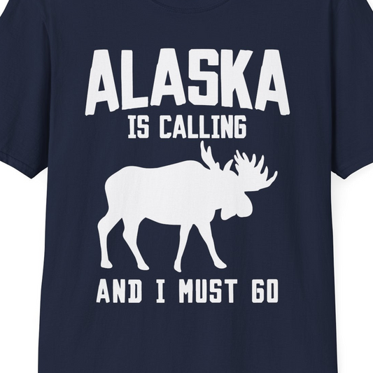 Alaska Is Calling Moose Silhouette Shirt T-Shirt – Navy – Alaska Cruise Shirts Close Up