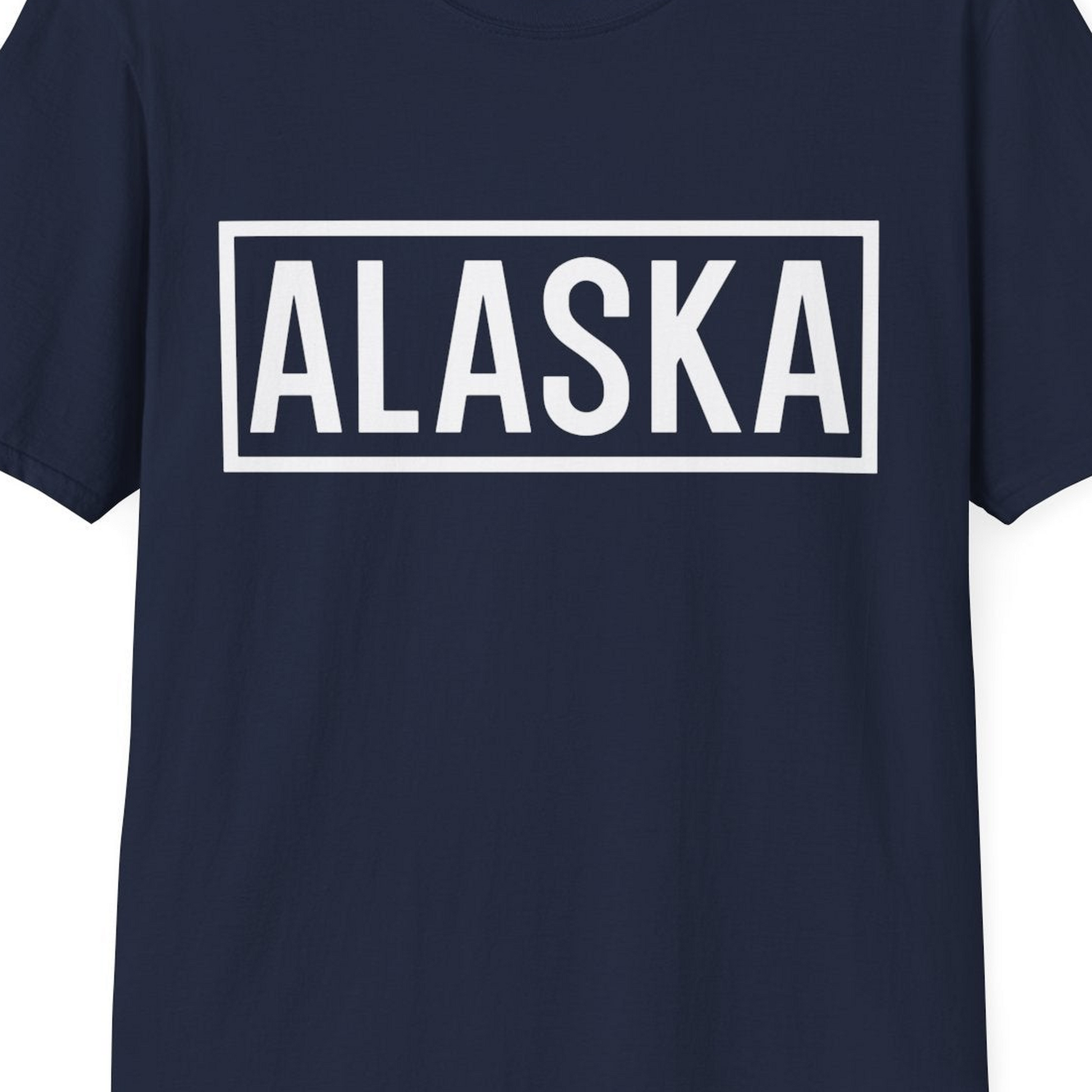 Alaska Bold Text Minimalist Monochrome Graphic Shirt for Travelers — T-Shirt T-Shirt – Navy – Alaska Cruise Shirts Close Up