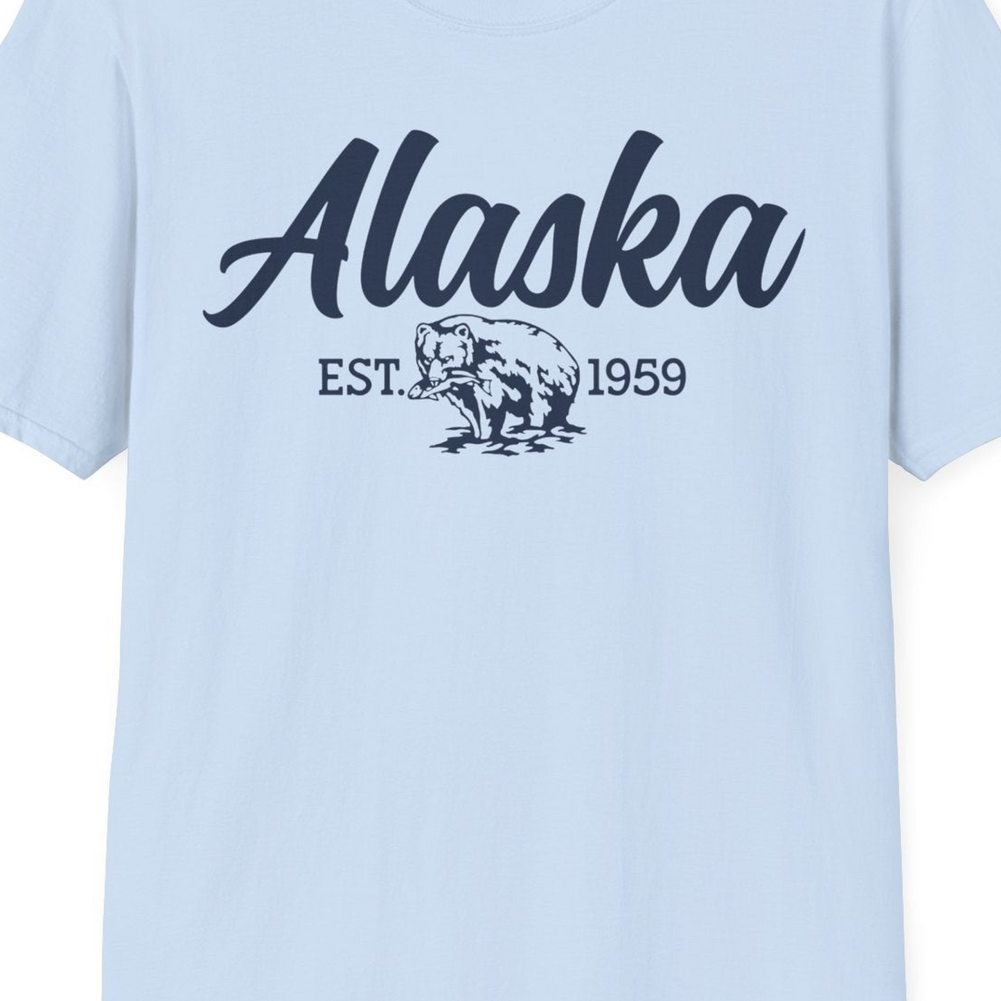 Alaska Bear Est 1959 Vintage Wildlife Graphic Monochrome Shirt — T-Shirt T-Shirt – Light Blue – Alaska Cruise Shirts Close Up