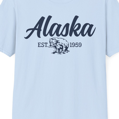 Alaska Bear Est 1959 Vintage Wildlife Graphic Monochrome Shirt — T-Shirt T-Shirt – Light Blue – Alaska Cruise Shirts Close Up