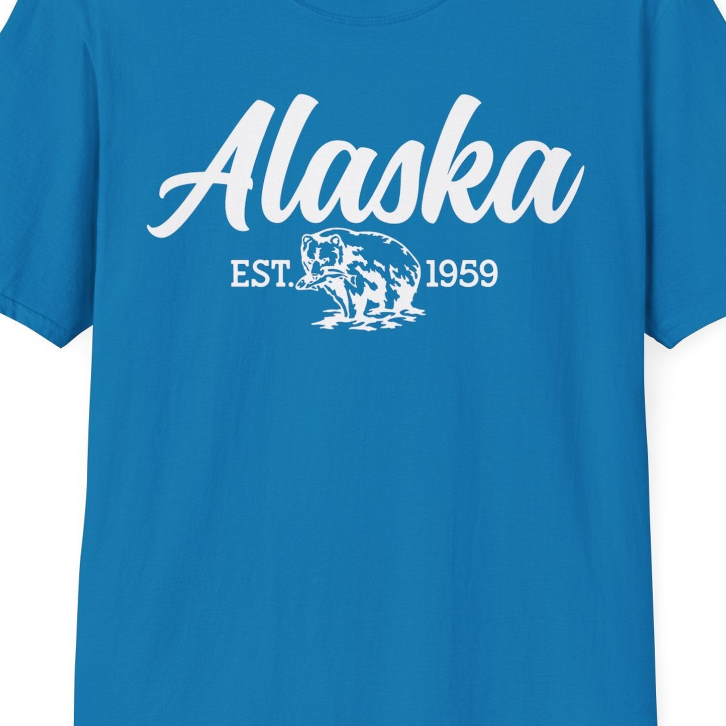 Alaska Bear Est 1959 Vintage Wildlife Graphic Monochrome Shirt — T-Shirt T-Shirt – Sapphire – Alaska Cruise Shirts Close Up