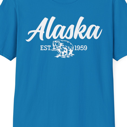 Alaska Bear Est 1959 Vintage Wildlife Graphic Monochrome Shirt — T-Shirt T-Shirt – Sapphire – Alaska Cruise Shirts Close Up