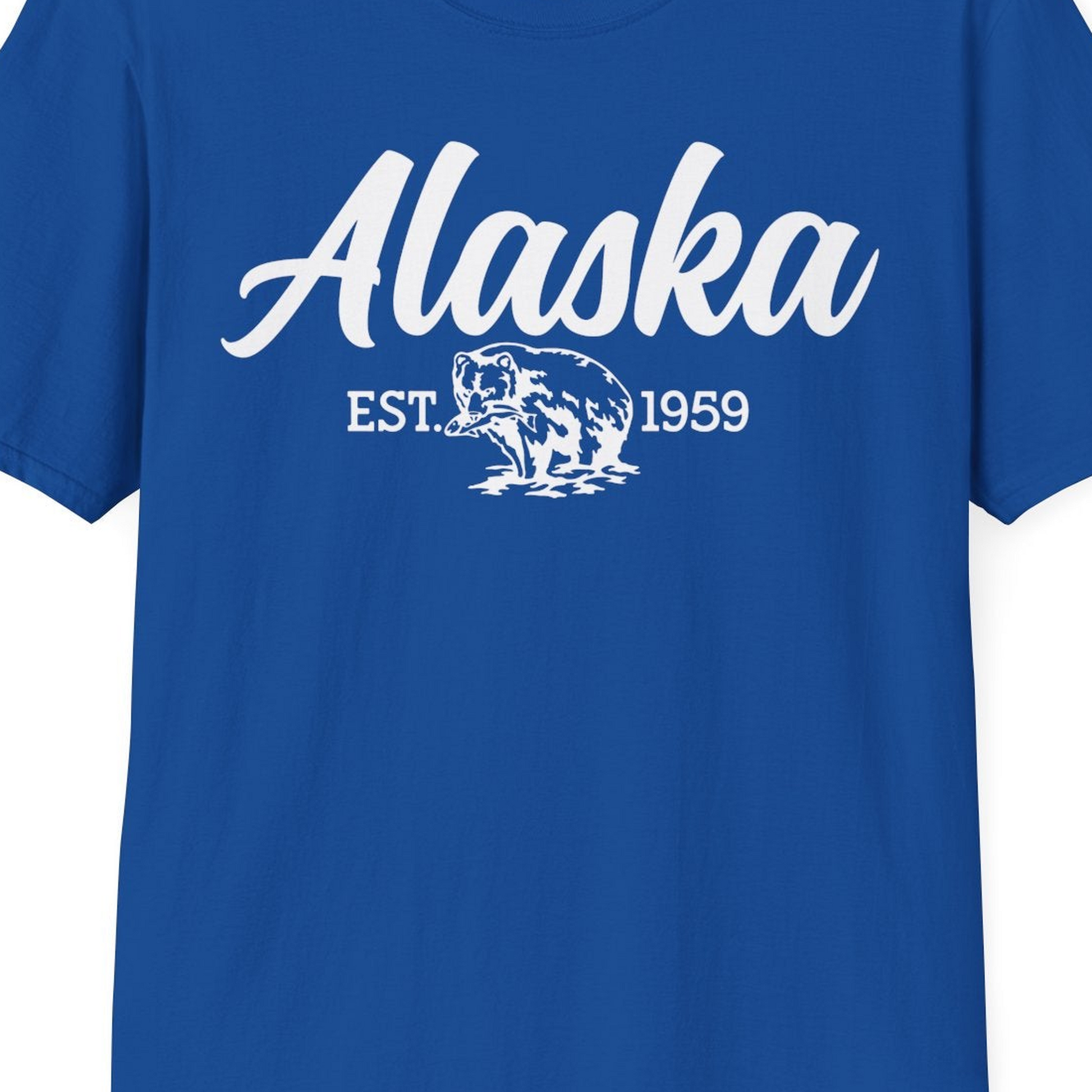 Alaska Bear Est 1959 Vintage Wildlife Graphic Monochrome Shirt — T-Shirt T-Shirt – Royal – Alaska Cruise Shirts Close Up