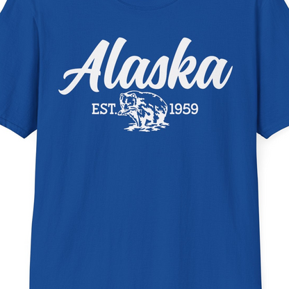 Alaska Bear Est 1959 Vintage Wildlife Graphic Monochrome Shirt — T-Shirt T-Shirt – Royal – Alaska Cruise Shirts Close Up