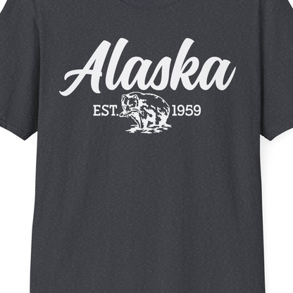 Alaska Bear Est 1959 Vintage Wildlife Graphic Monochrome Shirt — T-Shirt T-Shirt – Dark Heather Grey – Alaska Cruise Shirts Close Up