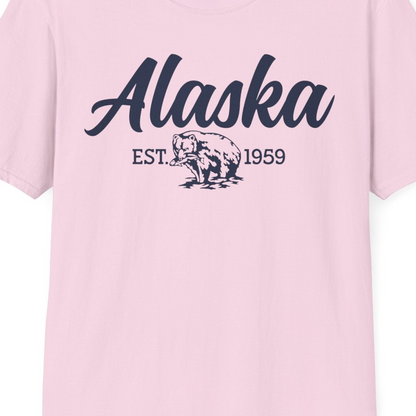 Alaska Bear Est 1959 Vintage Wildlife Graphic Monochrome Shirt — T-Shirt T-Shirt – Light Pink – Alaska Cruise Shirts Close Up