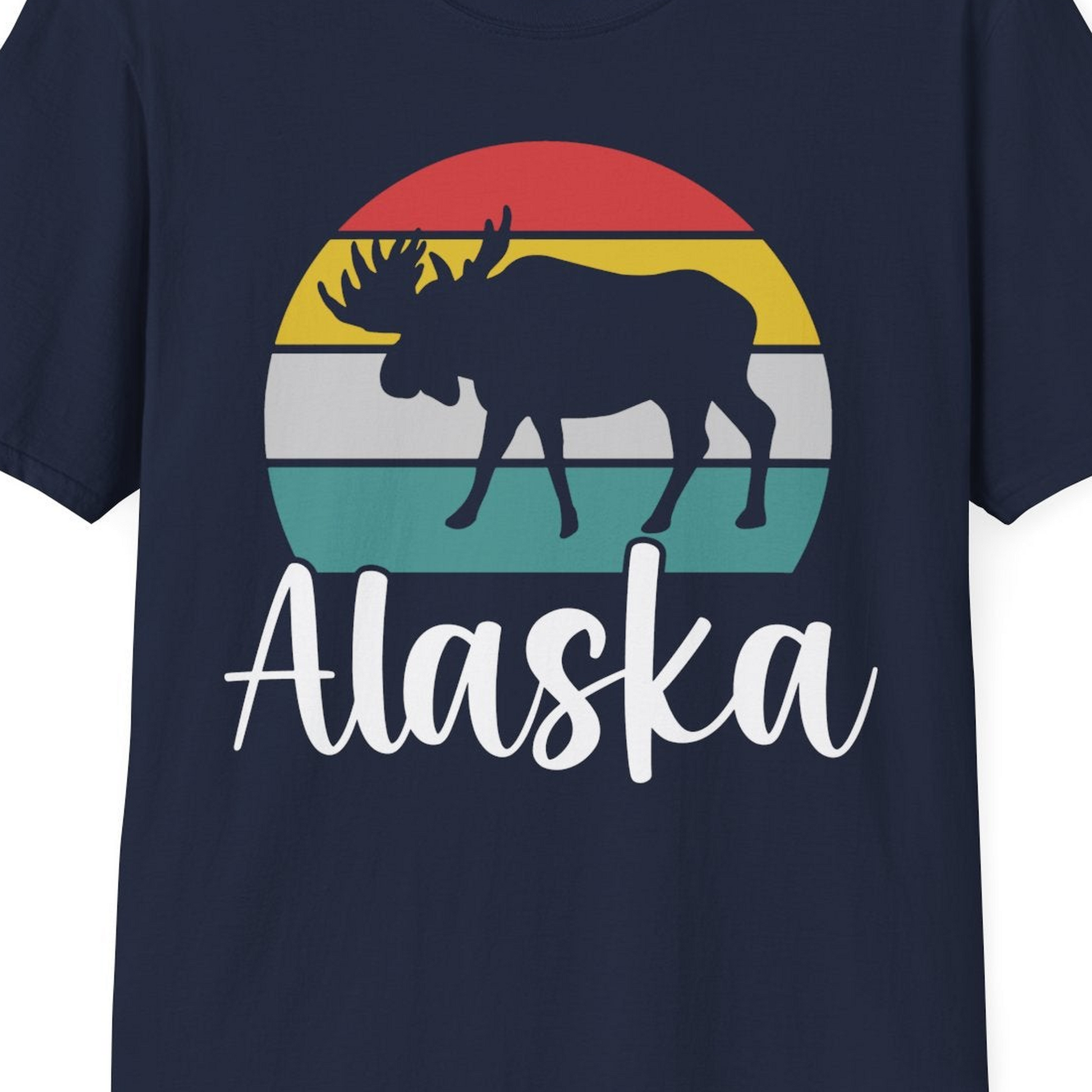 Retro Alaska Moose Silhouette Shirt T-Shirt – Navy – Alaska Cruise Shirts Close Up