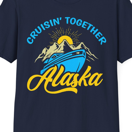 Alaska Cruise Adventure Mountains Sunrise Retro Shirt for Travelers — T-Shirt T-Shirt – Navy – Alaska Cruise Shirts Close Up