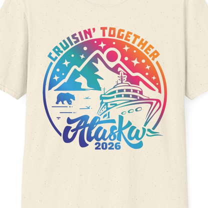 Alaska Cruise Adventure Mountains Wildlife Retro Family Group Shirt 2026 — T-Shirt T-Shirt – Natural – Alaska Cruise Shirts Close Up