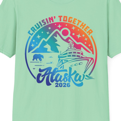 Alaska Cruise Adventure Mountains Wildlife Retro Family Group Shirt 2026 — T-Shirt T-Shirt – Mint Green – Alaska Cruise Shirts Close Up