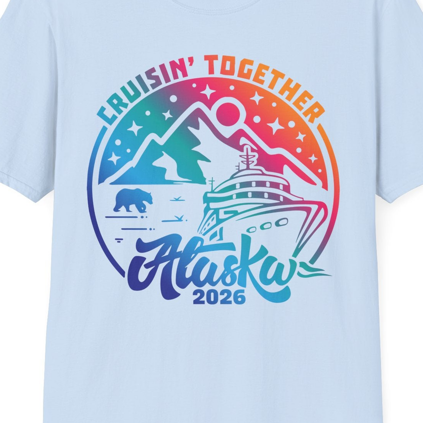 Alaska Cruise Adventure Mountains Wildlife Retro Family Group Shirt 2026 — T-Shirt T-Shirt – Light Blue – Alaska Cruise Shirts Close Up