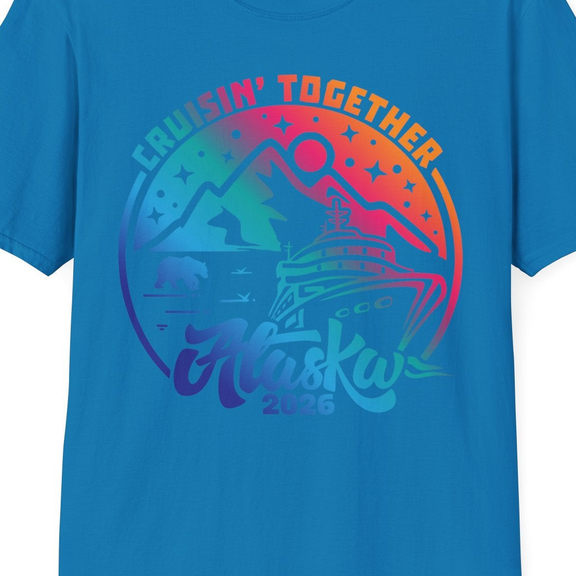 Alaska Cruise Adventure Mountains Wildlife Retro Family Group Shirt 2026 — T-Shirt T-Shirt – Sapphire – Alaska Cruise Shirts Close Up