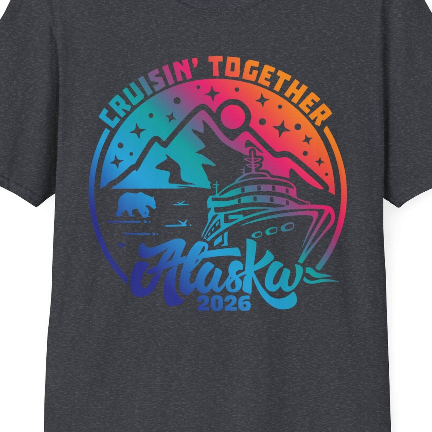 Alaska Cruise Adventure Mountains Wildlife Retro Family Group Shirt 2026 — T-Shirt T-Shirt – Dark Heather Grey – Alaska Cruise Shirts Close Up