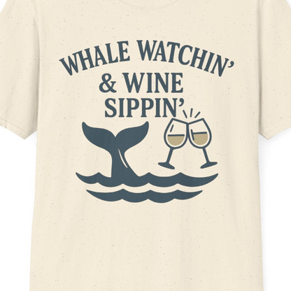 Whale Watching and Wine Sippin Shirt T-Shirt – Natural – Alaska Cruise Shirts Close Up