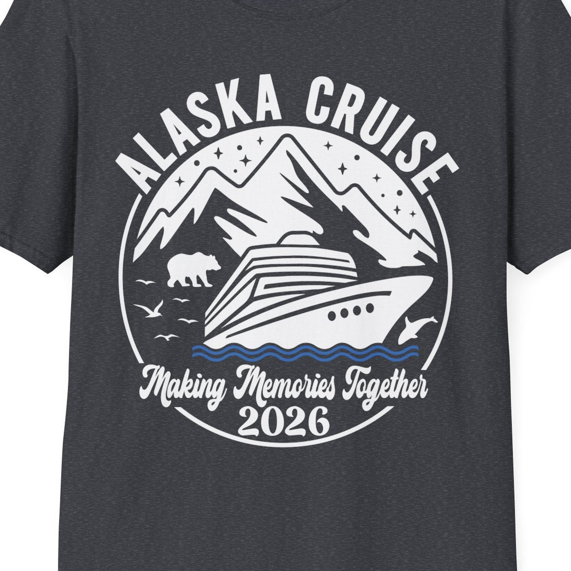 Alaska Cruise Adventure 2026 Shirt T-Shirt – Dark Heather Grey – Alaska Cruise Shirts Close Up