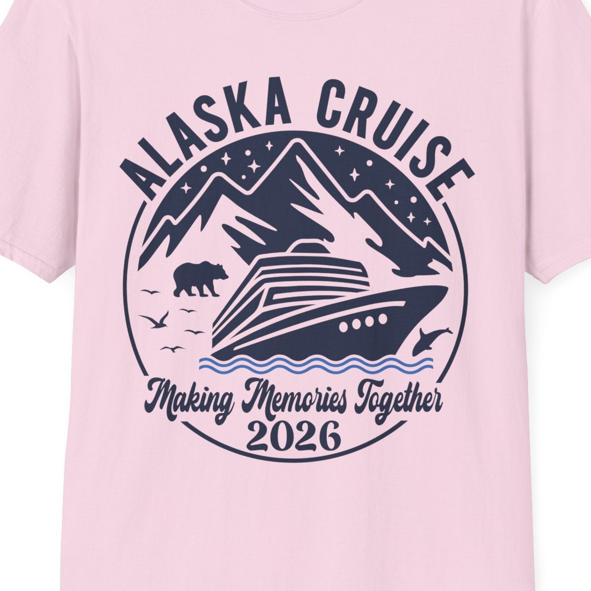 Alaska Cruise Adventure 2026 Shirt T-Shirt – Light Pink – Alaska Cruise Shirts Close Up