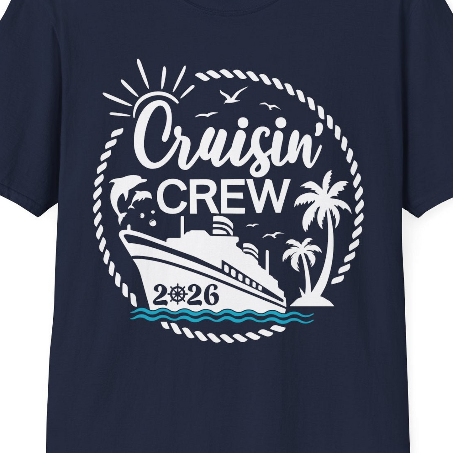 Cruisin Crew Shirt Tropical Family Group Cruise 2026 Caribbean Islands — T-Shirt T-Shirt – Navy – Alaska Cruise Shirts Close Up