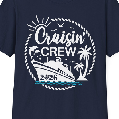 Cruisin Crew Shirt Tropical Family Group Cruise 2026 Caribbean Islands — T-Shirt T-Shirt – Navy – Alaska Cruise Shirts Close Up