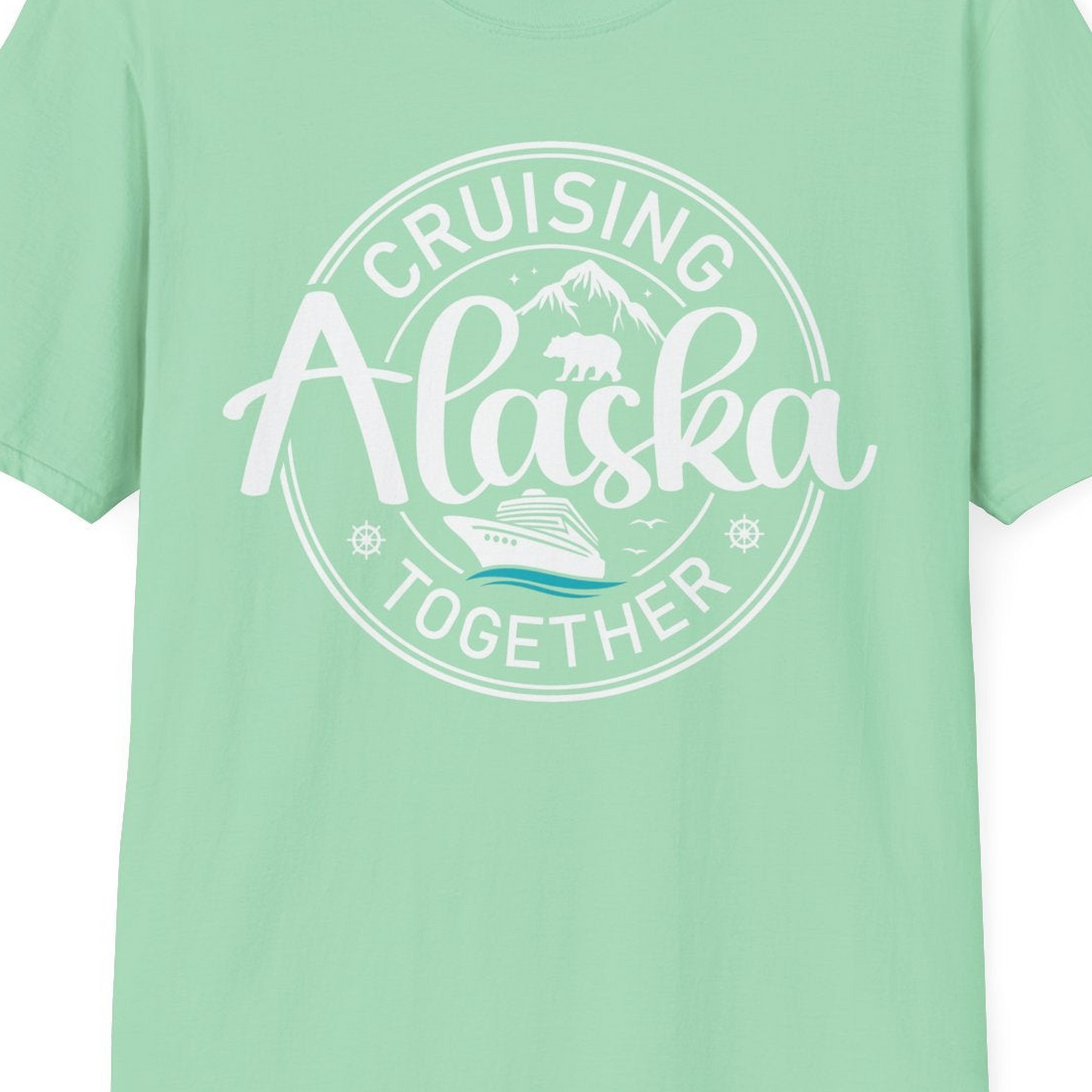 Alaska Cruise Adventure Retro Badge Shirt T-Shirt – Mint Green – Alaska Cruise Shirts Close Up